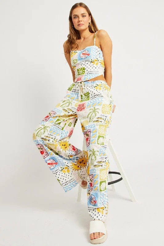 Multi Abstract Wide Leg Pants High Rise Casual Track Pants