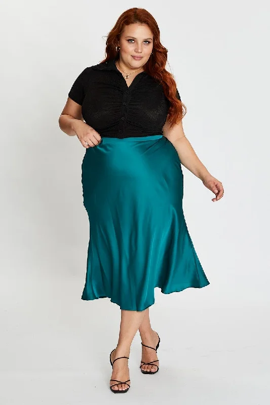 Green Midi Satin Skirt Elastic Waist velvet skirt luxurious