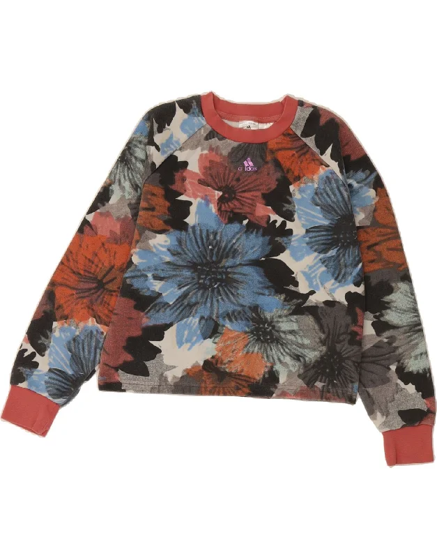 ADIDAS Womens Crop Sweatshirt Jumper UK 8/10 Small Multicoloured Floral Hoodie with Hem Embroidery Detailed Premium