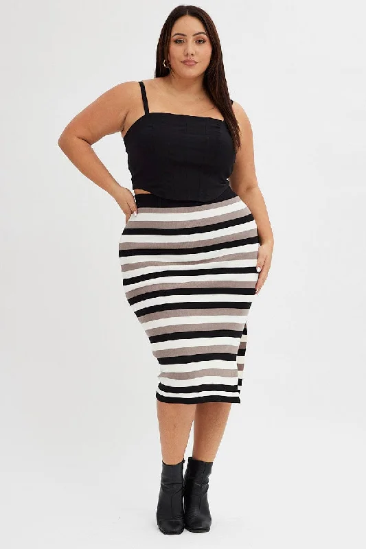 Multi Stripe Knit Skirt Midi Side Split lace skirt romantic