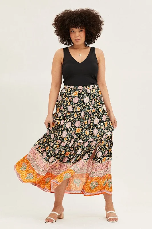 Boho Print Elastic Waist Maxi Skirt breathable skirt fabric