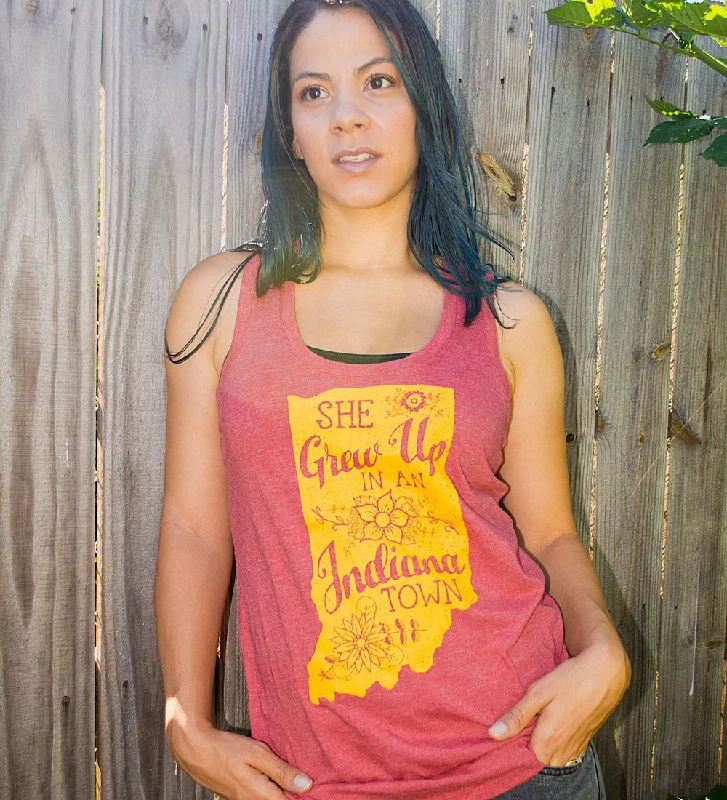 "She Grew Up In An Indiana Town" Womens Vintage Red Racerback Tank v-neck tank top