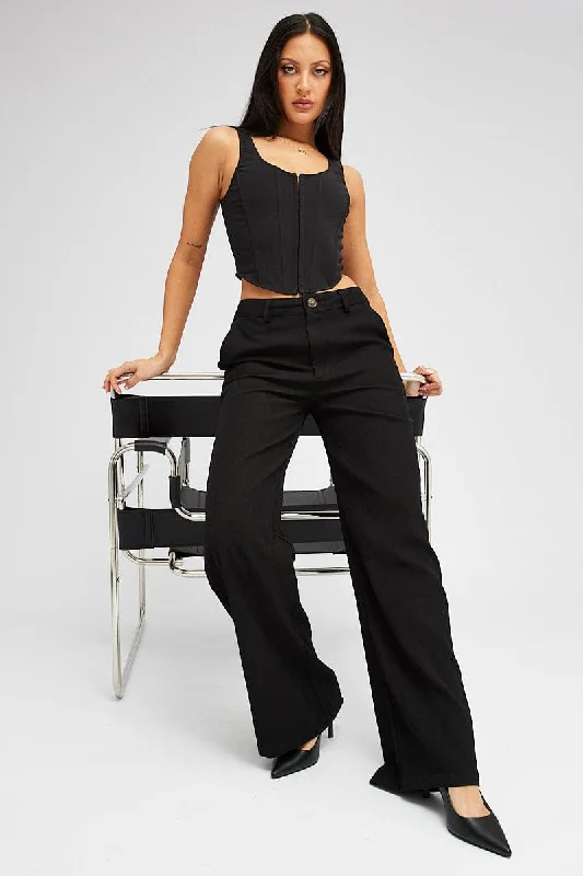 Black Wide Leg Pants High Rise Stretch Fit Pants