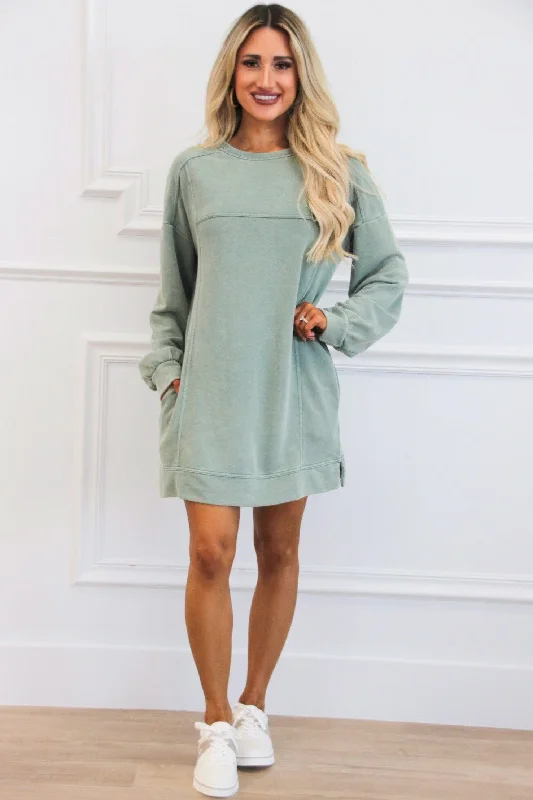 Casual Days Oversized Washed Sweatshirt Tunic Dress: Sage Hoodie with Cuffed Sleeves Snug Secure