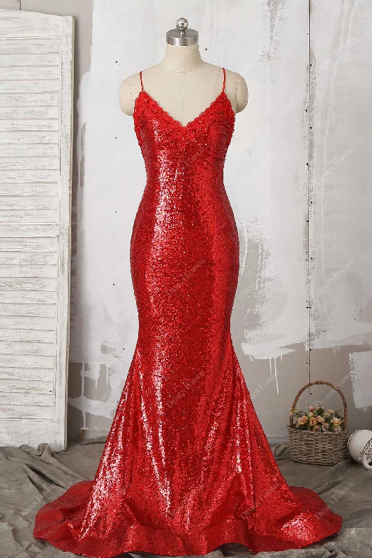 Beaded Lace V-neck Red Sequin Elegant Mermaid Prom Dress Halter Neckline Beach