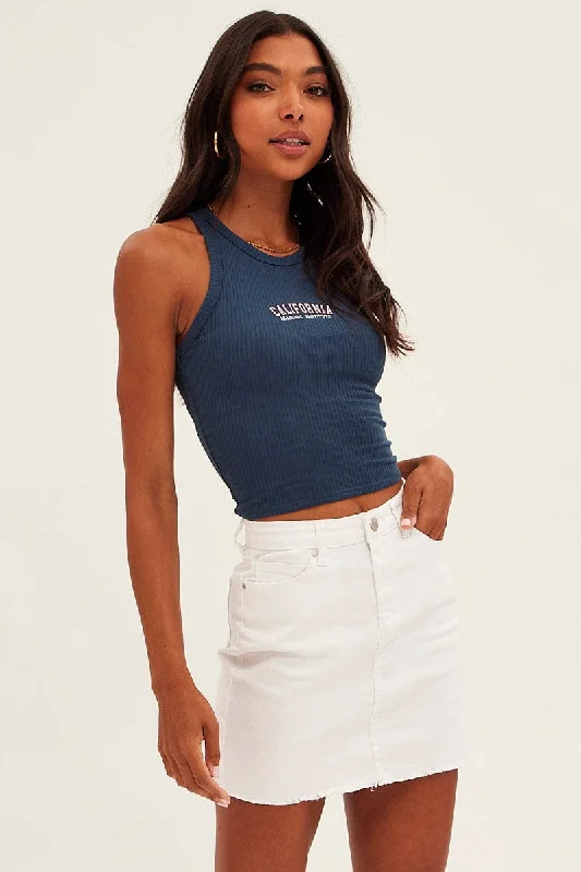 Blue Crop Tank California Embroidered sequin tank top