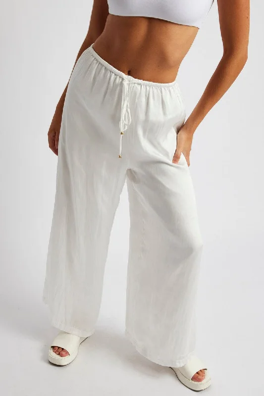 White Wide Leg Pants High Rise Satin Fashionable Jogger Pants