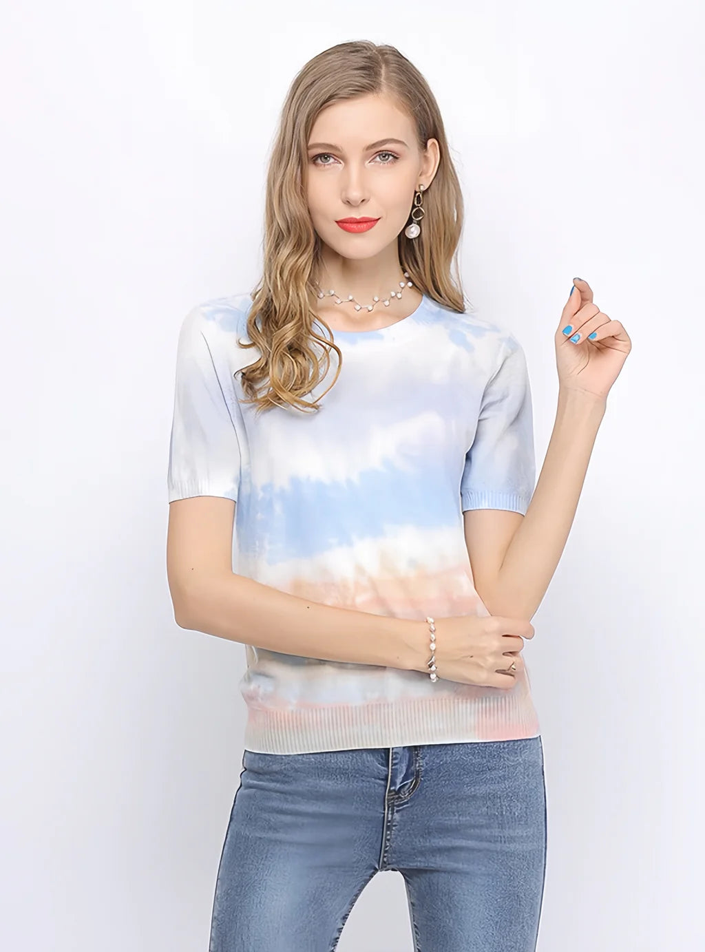 FASHION TIE-DYED SHORT-SLEEVED LOOSE ROUND NECK SWEATER Zippered Front Buttoned Front Snap Front