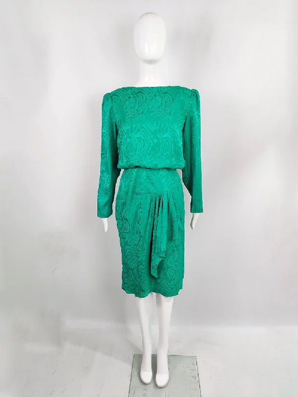 Oleg Cassini Vintage Pure Silk Satin Jacquard Green Blouson Dress, 1980s Tunics Cozy soft