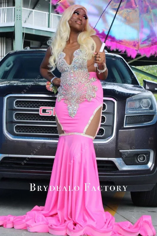 Prom Dress | Glitter Rhinestones Hot Pink Trumpet Formal Gown Crew Neckline Sporty