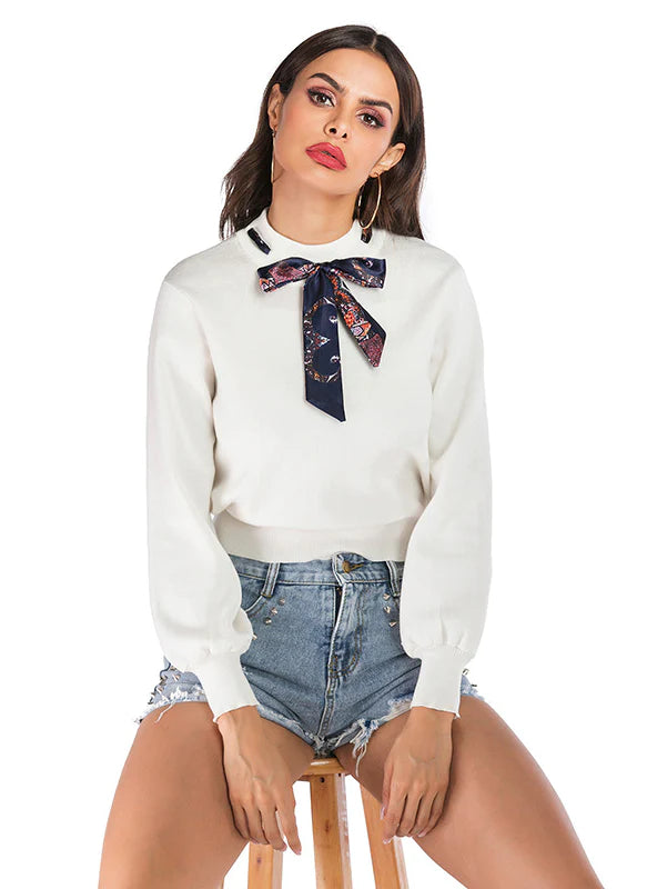 SOLID COLOR LONG SLEEVE SLIM TIE SWEATER Oversized Loose Flowy
