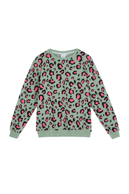 Khaki with Coral Snow Leopard Sweatshirt Hoodie with High Neck Warm Protective
