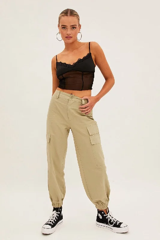 Green High Rise Wide Leg Cargo Pants Fashionable Work Pants