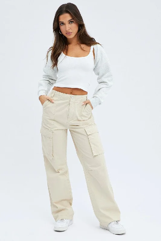 Beige Cargo Pants Low Rise Fashionable Work Pants