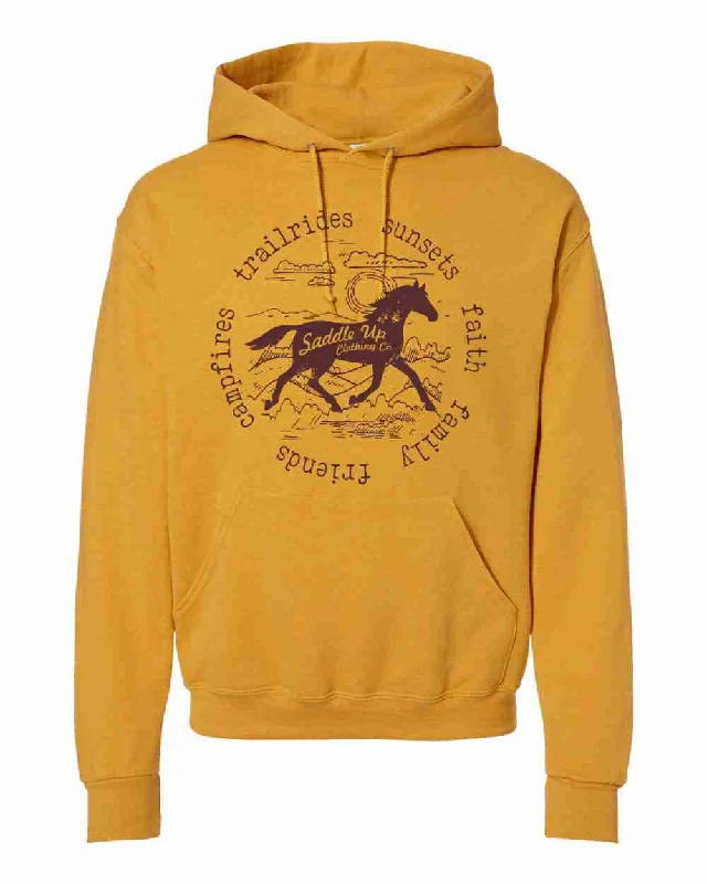 CAMPFIRES...TRAILRIDES...SUNSETS... HOODIE Hoodie with Tied Waist Feminine Flattering