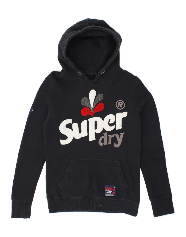 SUPERDRY Womens Graphic Hoodie Jumper UK 6 XS Navy Blue Cotton Hoodie with Distressed Vintage Worn