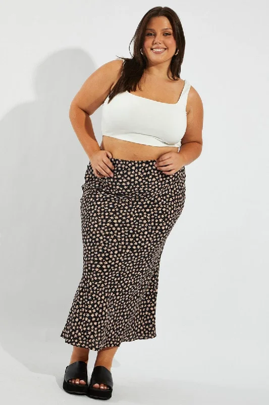 Black Ditsy Maxi Slip Skirt velvet skirt glossy