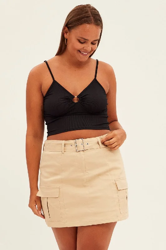 Beige Cargo Skirt Belted Mini Cotton leather skirt durable