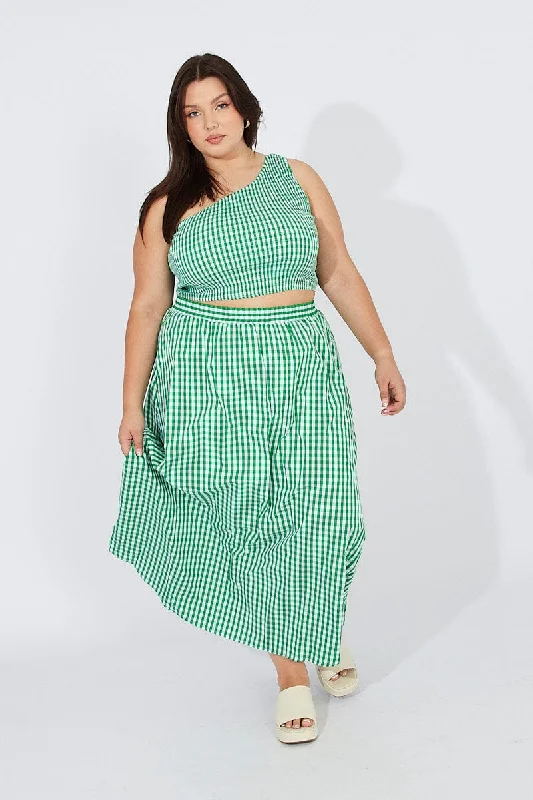 Green Check Maxi Skirt Elastic Waist Side Pockets corduroy skirt cozy