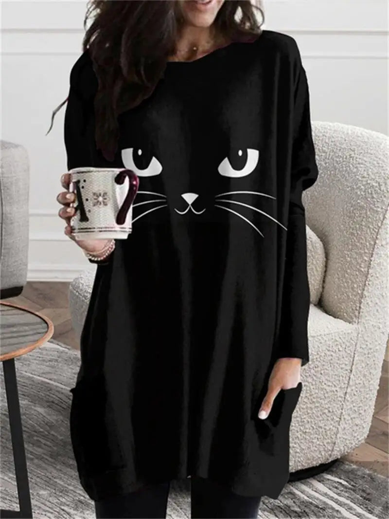 long hoodless sweatshirt 3D printing Halloween Black Cat pattern top Hoodie with Turtle Neck Cozy Winter