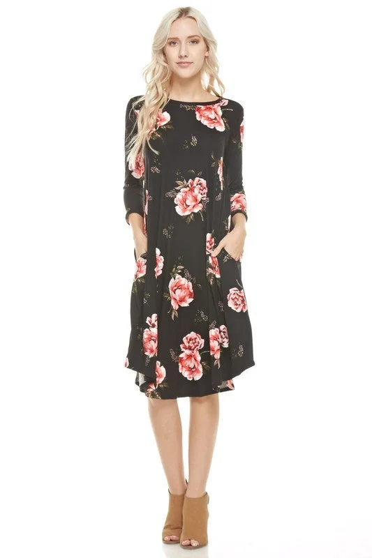 Black Floral Dress W/ Pockets Off-the-shoulder Chic Trendy
