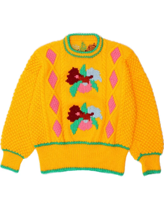 VINTAGE Womens Crew Neck Jumper Sweater UK 14 Medium Yellow Floral Open Front Closed Front Wrap Front VINTAGE Womens Crew Neck Jumper Sweater UK 14 Medium Yellow Floral Open Front Closed Front Wrap Front