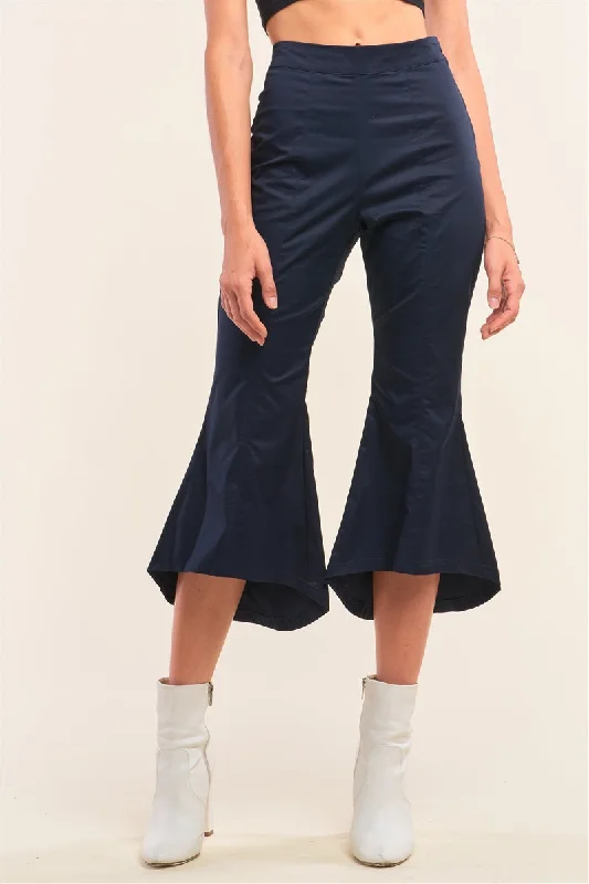 Navy Solid High Waisted Retro Bell Bottom Flare Pants Relaxed Linen Pants