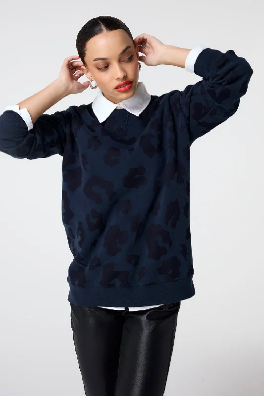 Navy with Navy Leopard Longline Sweatshirt Hoodie with Batwing Sleeves Loose Dramatic