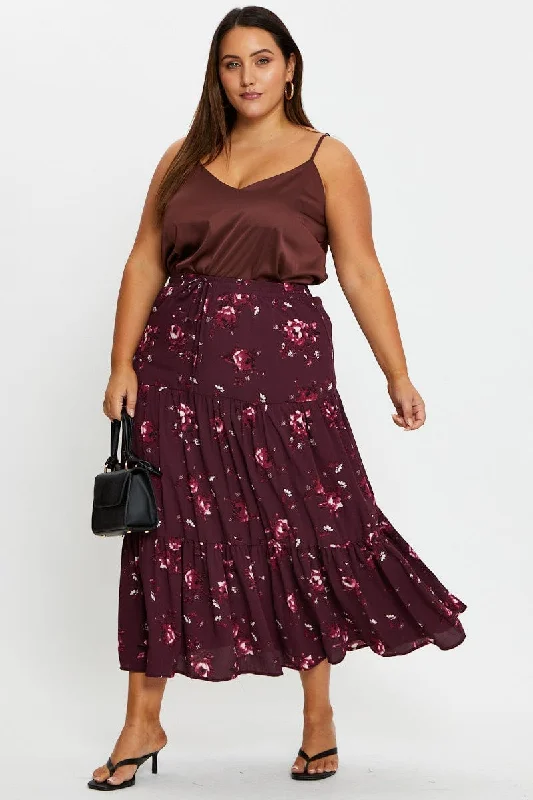 Floral Print Maxi Skirt Elastic Waist silk skirt lustrous