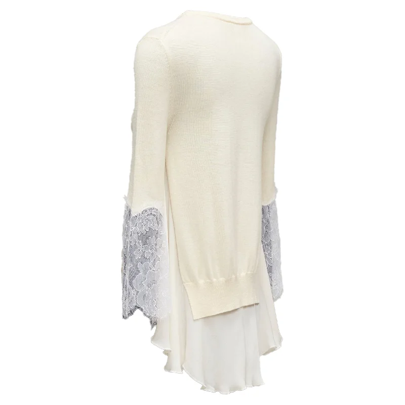 Oscar De La Renta lace sleeve chiffon insert hi low hem sweater Sweater Knitwear Pullover