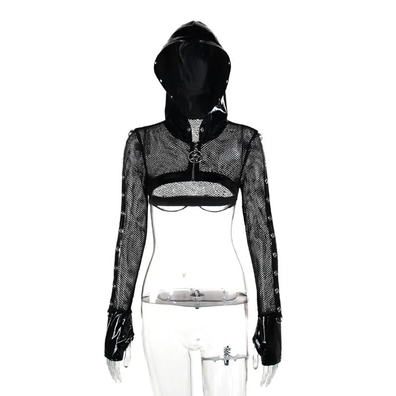 Yipinpay Summer New Dark Wind Personality Trend Self-Building Leather Printed Mesh Hoodie Blouse Women's Dress Zip Hoodie Drawstring Kangaroo Pocket