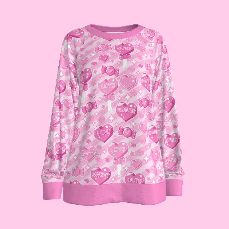 Candy Love Hearts (Pink Cutie) Women's Round Neck Raglan Sleeve Sweatshirt Hoodie with Lining Warm Insulated