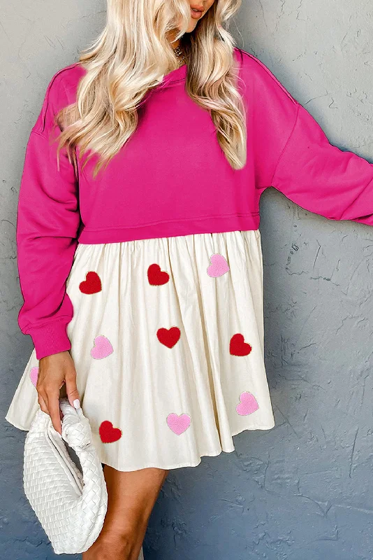 Rose Red Chenille Heart Graphic Patchwork Hem Mini Sweatshirt Dress Hoodie with Ribbed Neckline Snug Warm