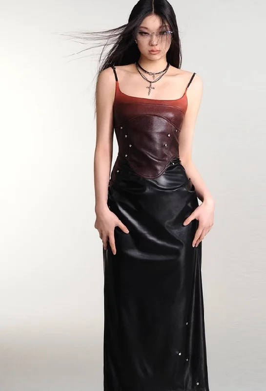 Gradient color studded design leather tight camisole dress OFA0080 Pencil Office Professional Gradient color studded design leather tight camisole dress OFA0080 Pencil Office Professional