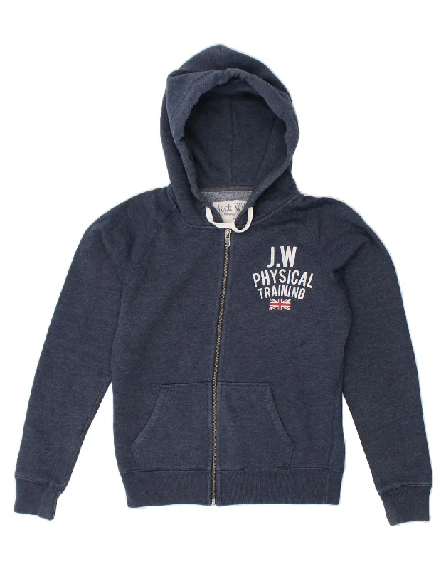 JACK WILLS Womens Graphic Zip Hoodie Sweater UK 10 Small  Navy Blue Cotton Hoodie with Embroidery Detailed Premium