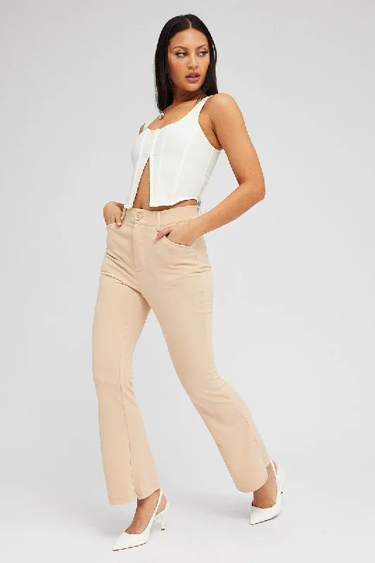 Beige Flare Leg Pants High Rise Modern Stretch Trousers