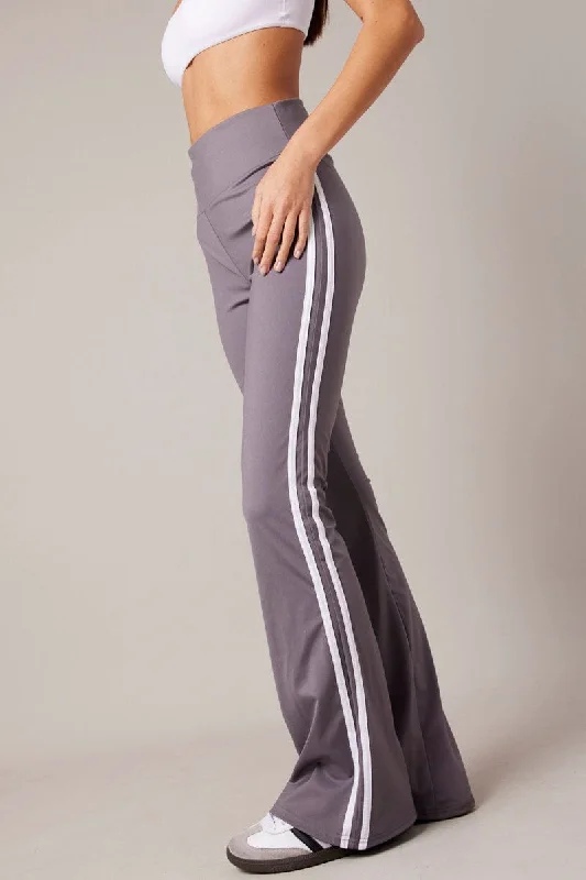 Grey Flare Yoga Pants Side Stripe Trendy Printed Pants