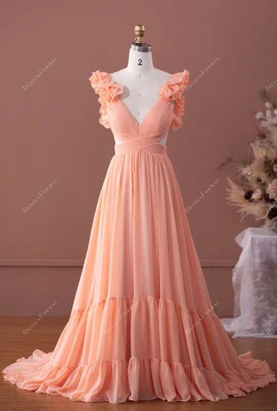 Peach Fairy Ruffled Sleeve Chiffon Plunging Formal Dress Bodycon Club Sequined