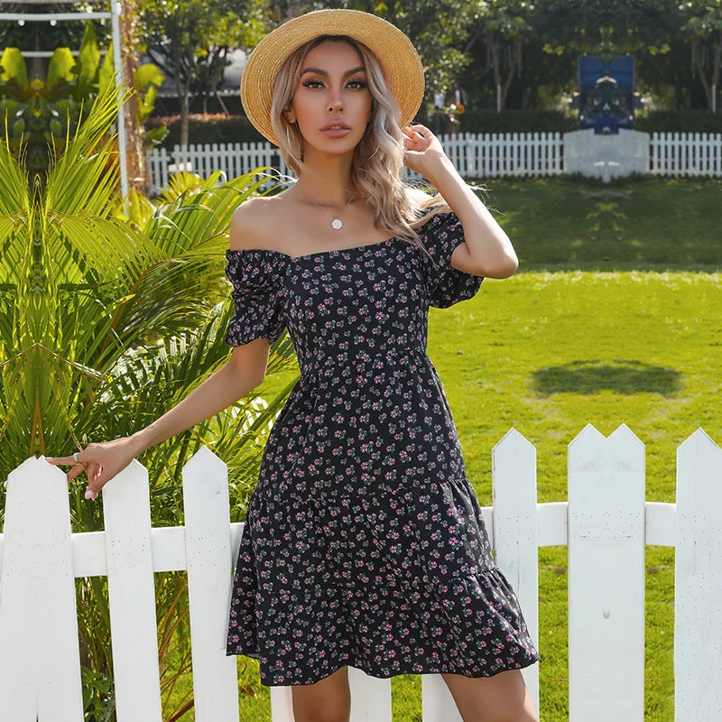 IKEARLAX Summer bubble sleeve one-word neck dress women's collar lisianthus short skirt cross-border floral dress Tunics Modern contemporary IKEARLAX Summer bubble sleeve one-word neck dress women's collar lisianthus short skirt cross-border floral dress Tunics Modern contemporary