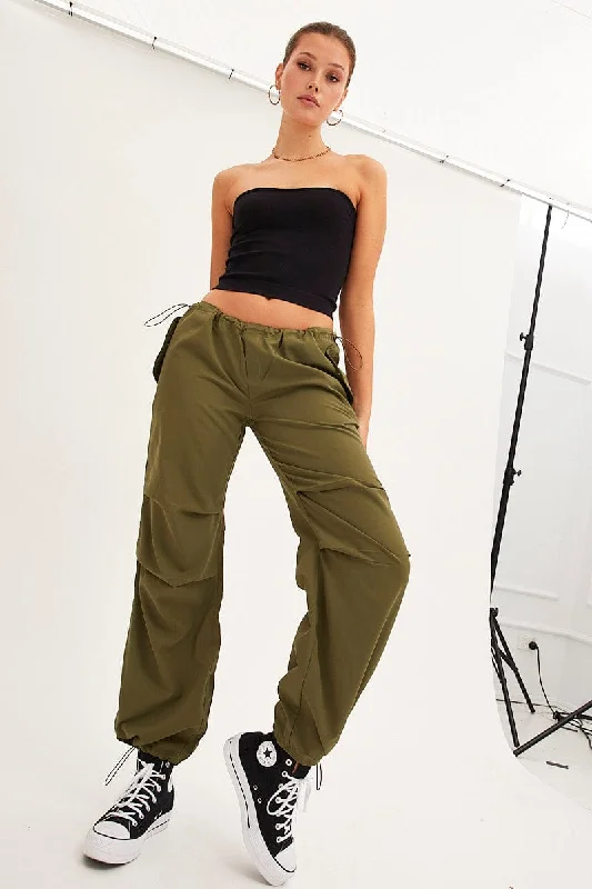 Green Cargo Parachute Low Rise Pants Comfortable Wide-Leg Pants