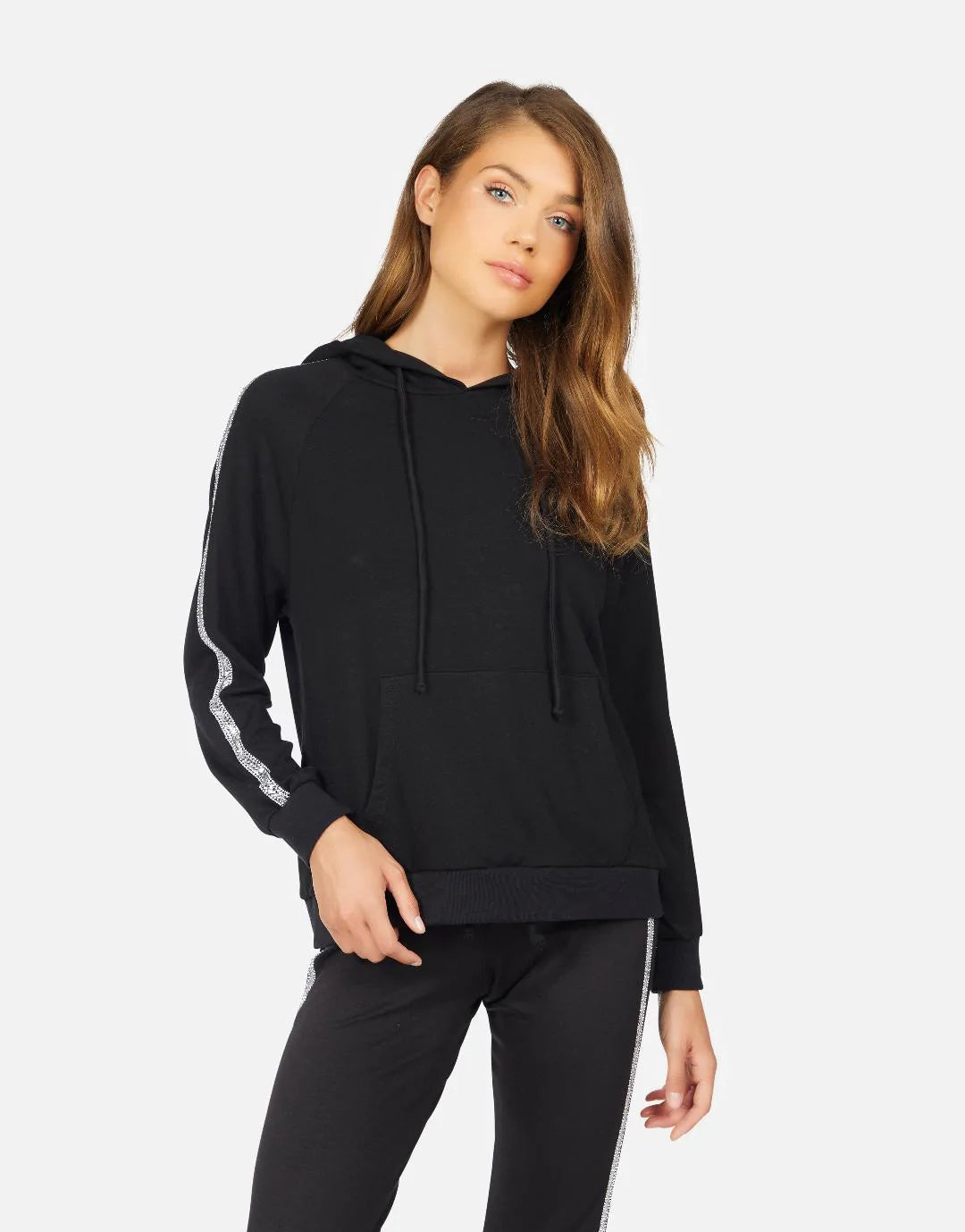 BLACK RAGLAN HOODIE WITH CRYSTALS Hoodie with Slit Hem Functional Movement