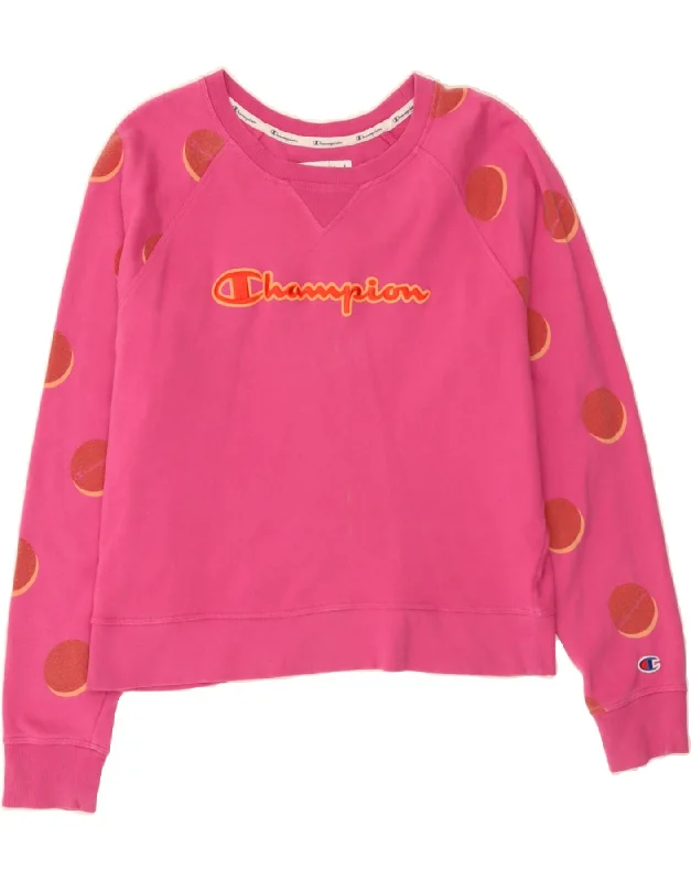 CHAMPION Womens Graphic Sweatshirt Jumper UK 18 XL Pink Polka Dot Cotton Hoodie with Thumb Holes Functional Cozy