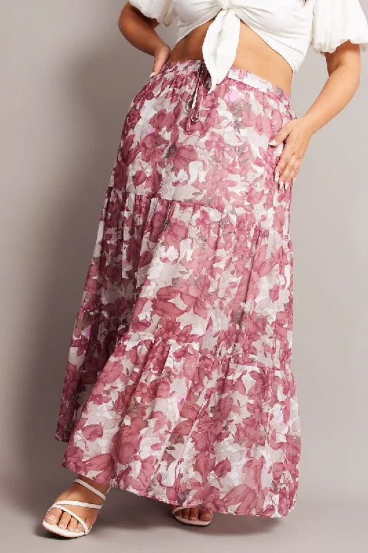 Pink Floral Elastic Waist Chiffon Maxi Skirt denim skirt classic