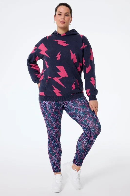 Navy with Pink Mega Lightning Bolt Longline Hoodie Hoodie with Pattern Geometric Abstract