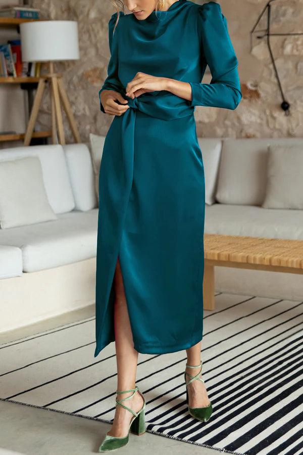 Elegant solid color slit scarf collar A-line Prom dress Tunics Chic fashionable