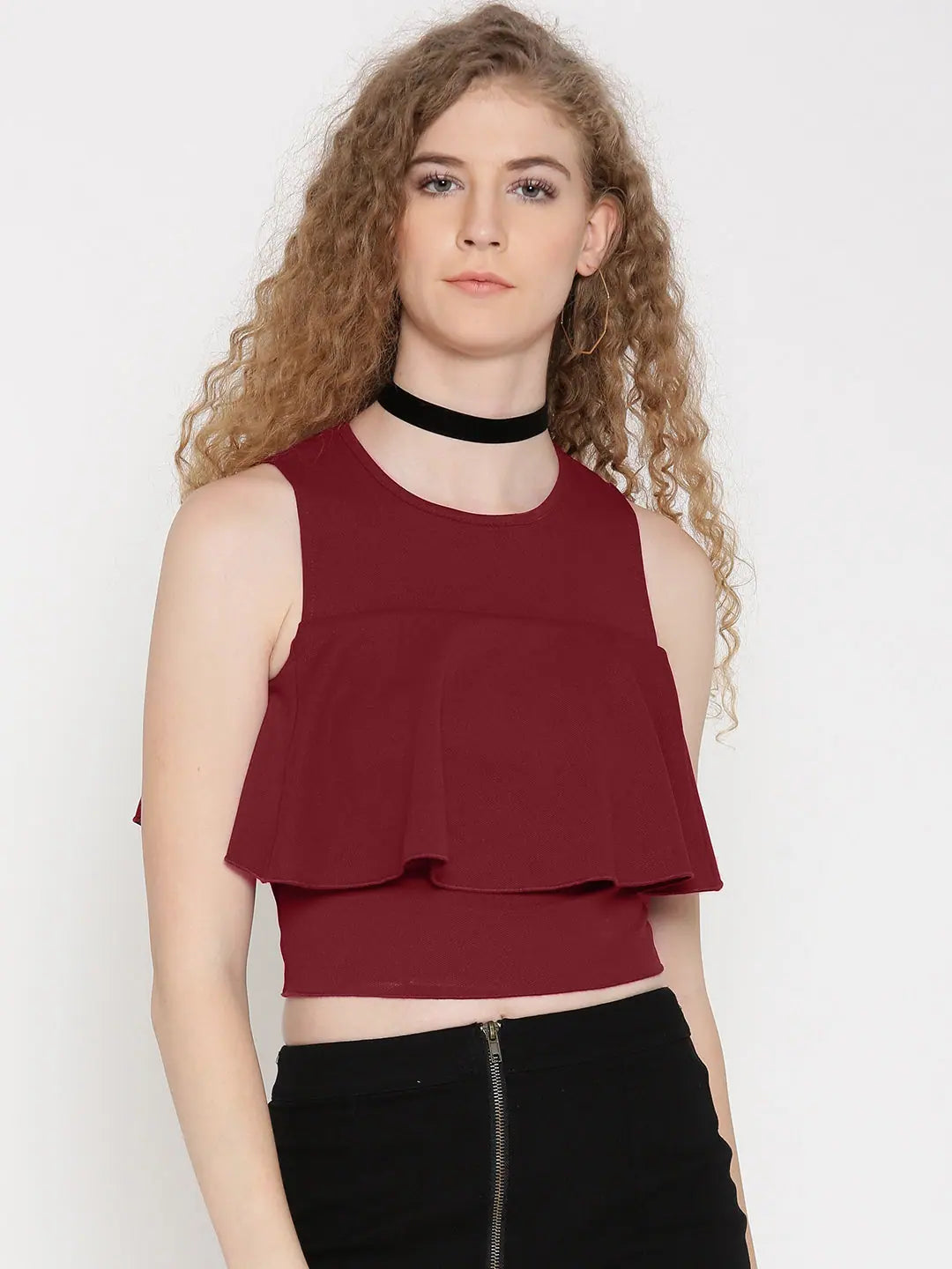 Maroon Ruffle Tank Top crew neck tank