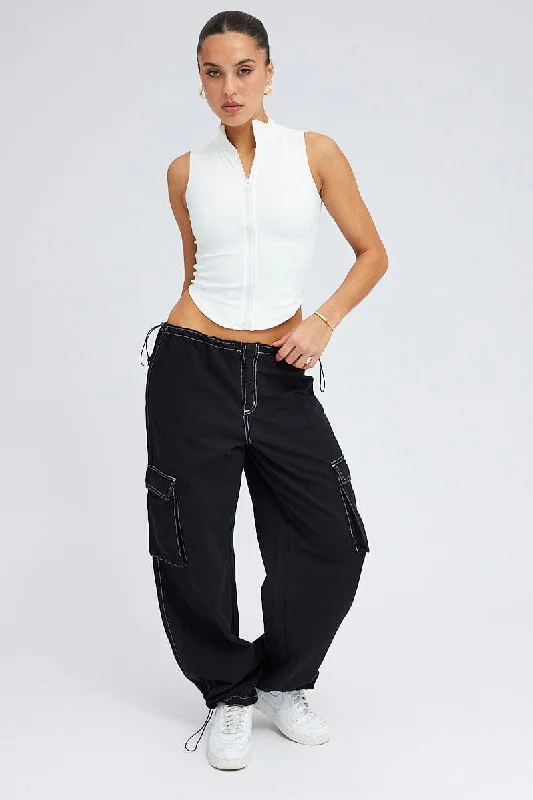 Black Parachute Pants Low Rise Trendy Wide-Legged Trousers