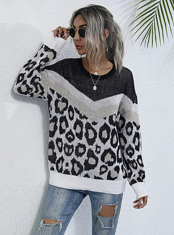 LEOPARD PRINT THIN ROUND NECK LOOSE KNIT SWEATER Slim Fit Regular Fit Oversized