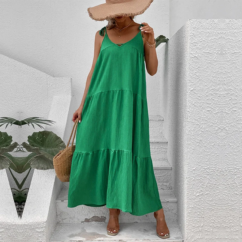 IKEARLAX New New New 2025 Hot Trade Women's Clothing Cross-border Summer Long Solid Color Suspender Dress Women Off-the-shoulder Chic Trendy IKEARLAX New New New 2025 Hot Trade Women's Clothing Cross-border Summer Long Solid Color Suspender Dress Women Off-the-shoulder Chic Trendy