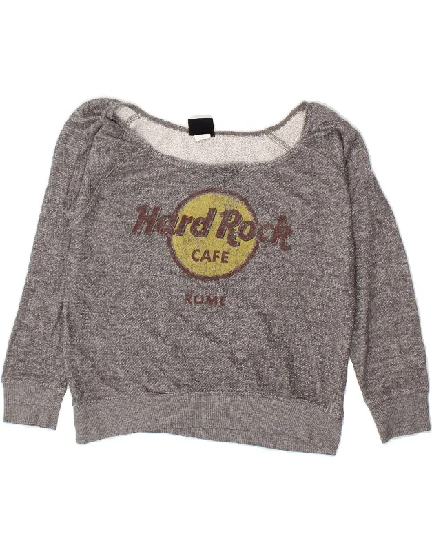 HARD ROCK CAFE Womens Rome Graphic Sweatshirt Jumper UK 14 Medium Grey Hoodie with Snap Buttons Easy Quick